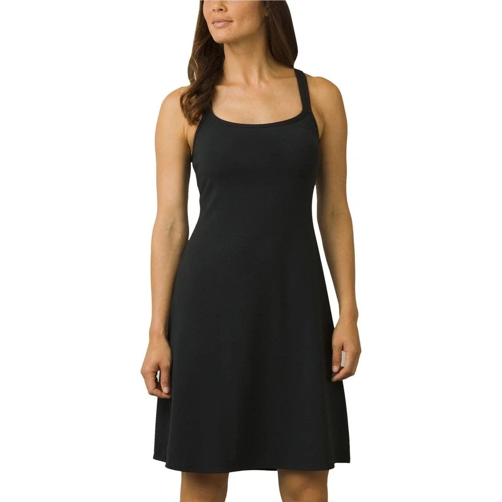 Prana Cora Dress Athleisure Black A-Line Midi Built In Bra Double Cross Straps S
